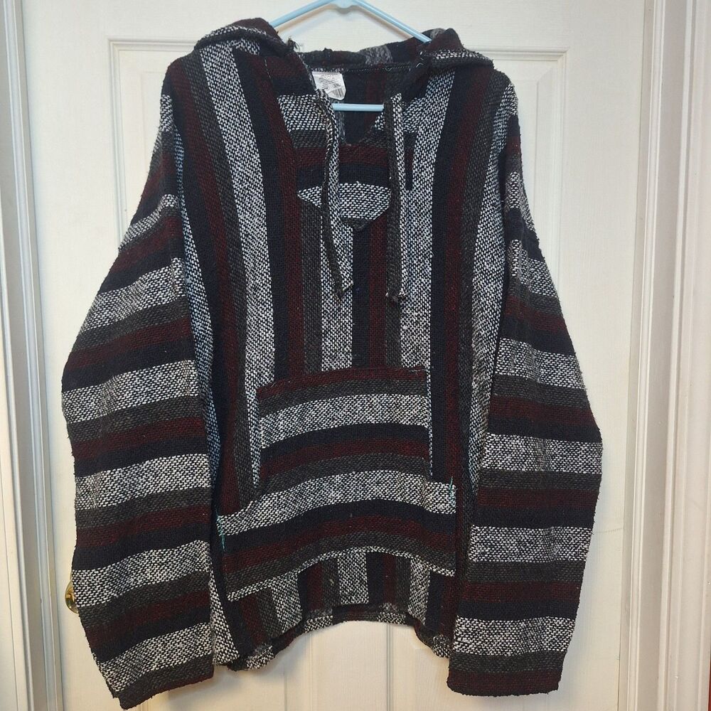 Vel-Mex Red Grey Striped Baja Hoodie Drug Rug Pullover Boho Hippie Size XXL